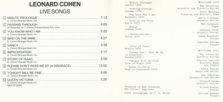Leonard Cohen - Live Songs (1973) (1992) Lossless