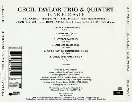 Cecil Taylor Trio And Quintet - Love for sale (1959)  (Reissue, 1998) Lossless