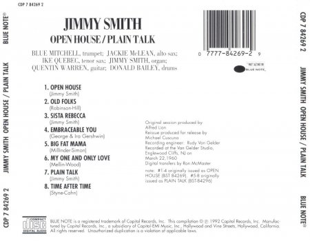 Jimmy Smith - Open House / Plain Talk (1960) (1992) Lossless