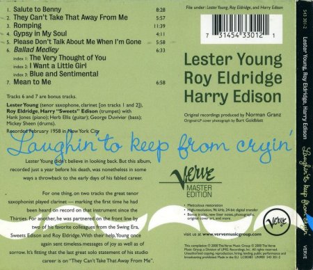 Lester Young, Roy Eldridge & Harry Edison - Laughin' To Keep From Cryin' (1958) (Digipak, 2000) Lossless